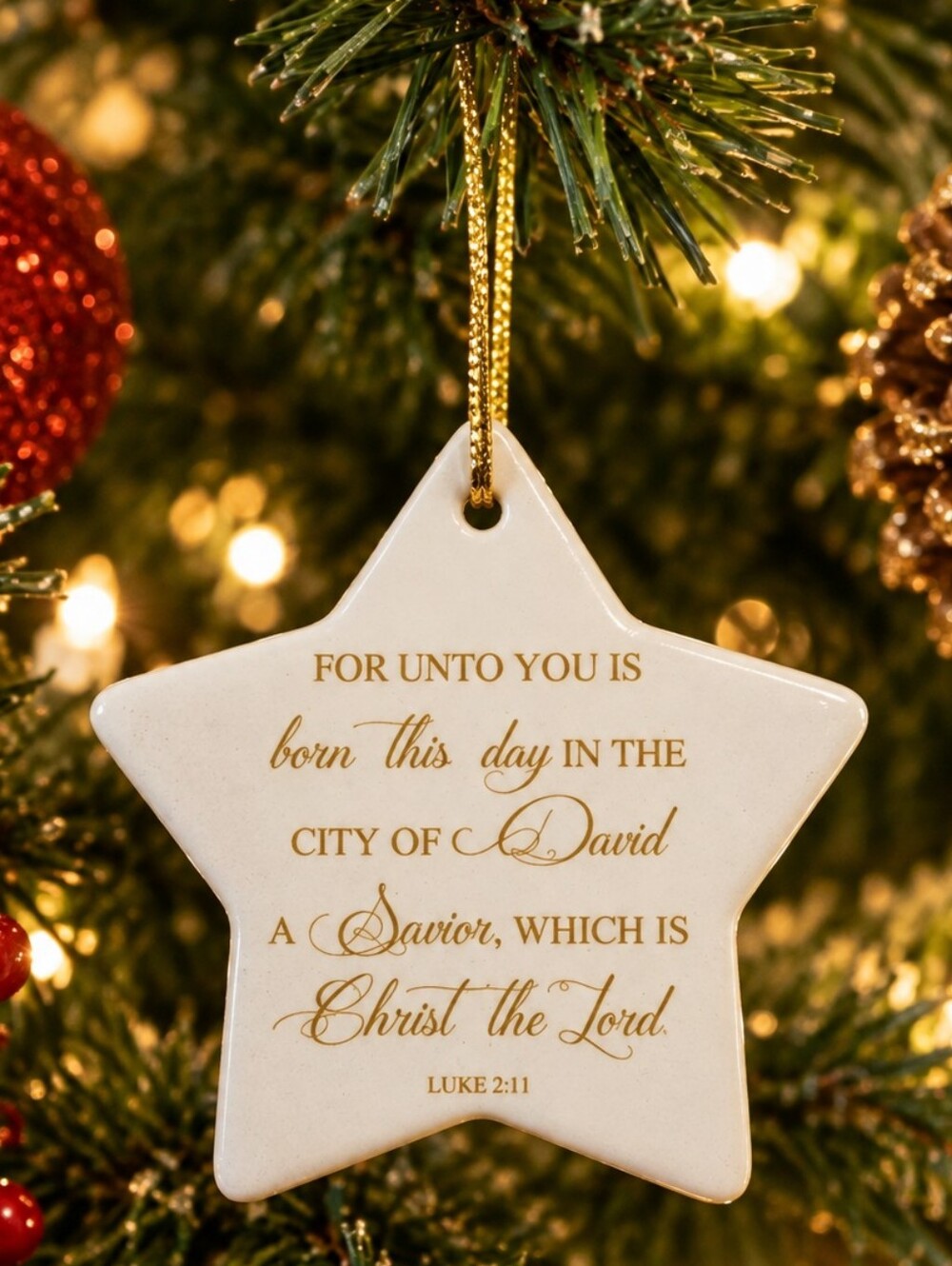 Star Christmas Ornament White Ceramic Double Sided Bible Scripture Home Decor